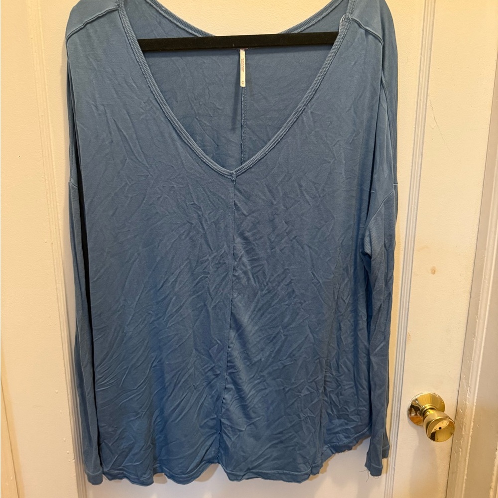 Free People Elegant Blue V-Neck Blouse